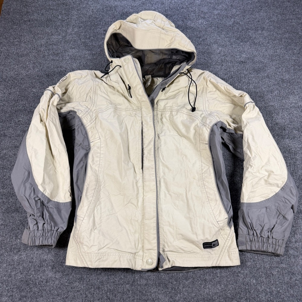 REI Hooded Full Zip Hiking Rain Jacket Tan Gray Womens Size M Gorpcore Utility